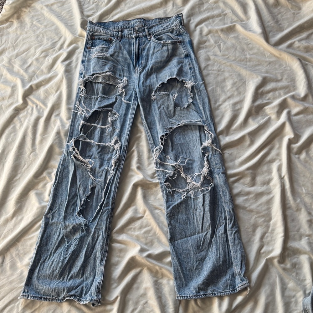 American Eagle Outfitters Ripped Light Blue Straight Leg Jeans